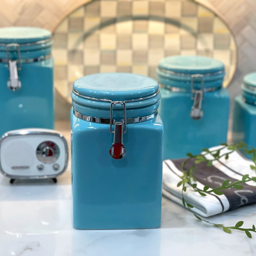Vintage Aqua Blue Ceramic Canister (5" x 5" square. 8.5" tall)